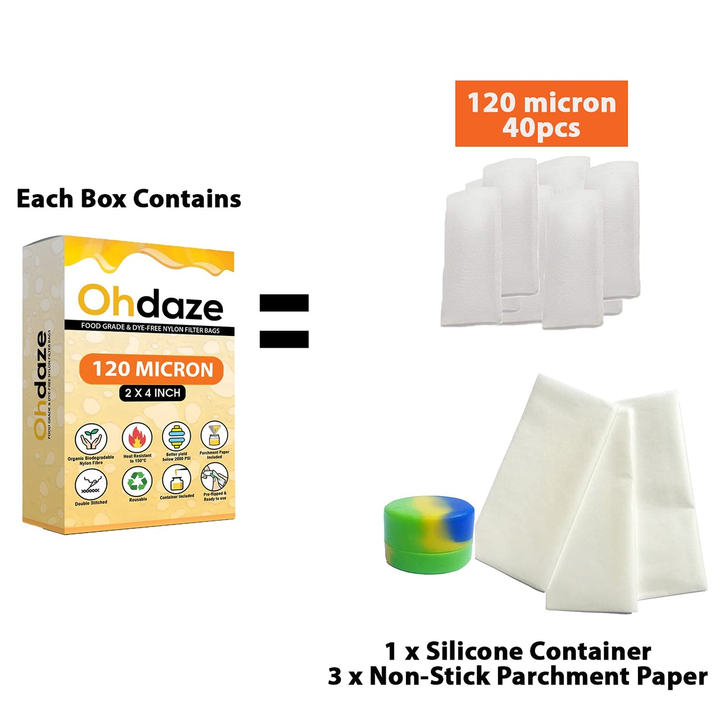 40 x rosin press bags in total that are rated at 120 micron. Accompanying these 2 inch x 4 inch micron press bags, the pack also includes 3 x Non-Stick Parchment papers and 1 x Wax container so that every drop of pure rosin can be easily collected stored.